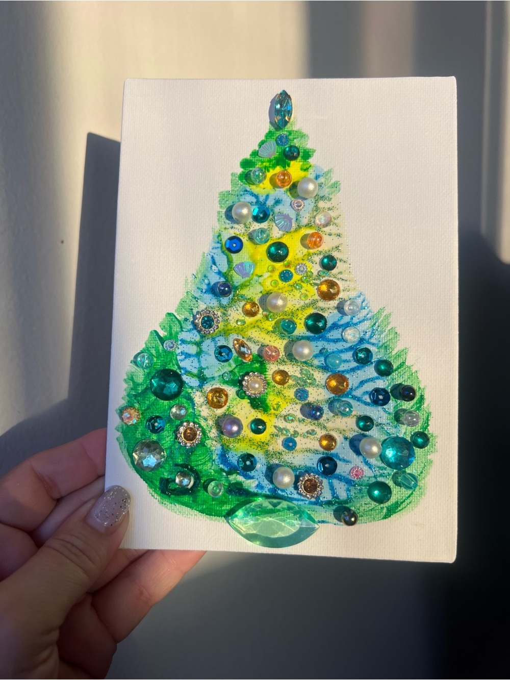 Handmade Blue & Green Jeweled Christmas Tree – 5x7 Original painting - Picture 8 of 8